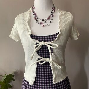 H&M Cream Cropped Ribbed Tie-Front Top